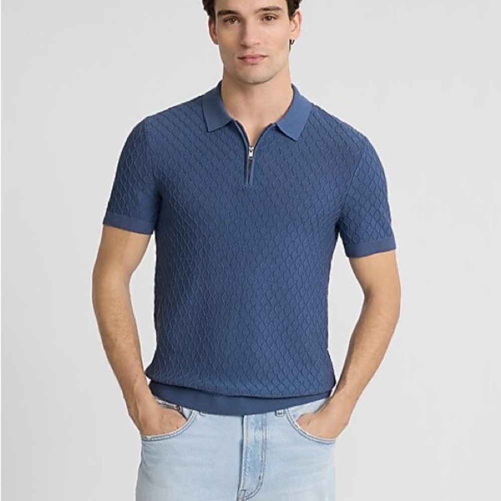 EXPRESS Textured Diamond Cotton-Blend Short Sleeve Sweater Polo NWT Tall Size L